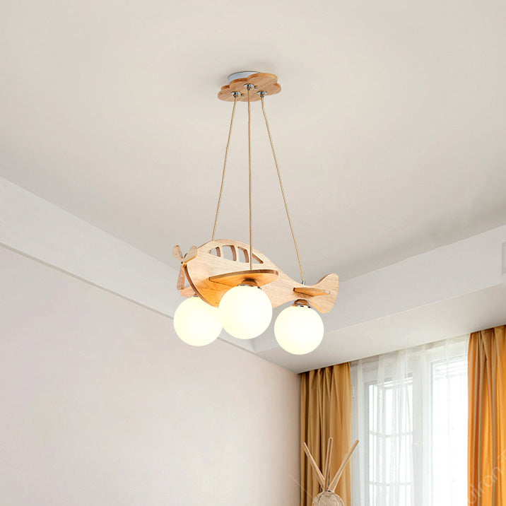 Lumendat Contemporary Creative Kids Cartoon Airplane Orb Wood Iron Glass 3-Light Chandelier For Bedroom Lumendat