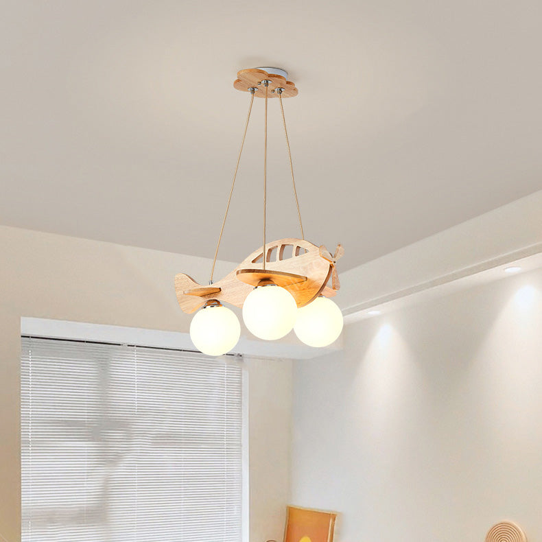Lumendat Contemporary Creative Kids Cartoon Airplane Orb Wood Iron Glass 3-Light Chandelier For Bedroom Lumendat