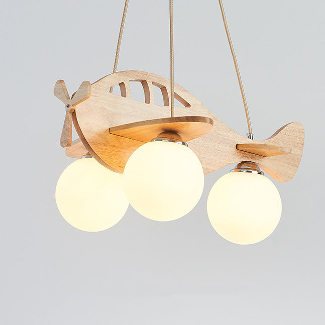 Lumendat Contemporary Creative Kids Cartoon Airplane Orb Wood Iron Glass 3-Light Chandelier For Bedroom Lumendat