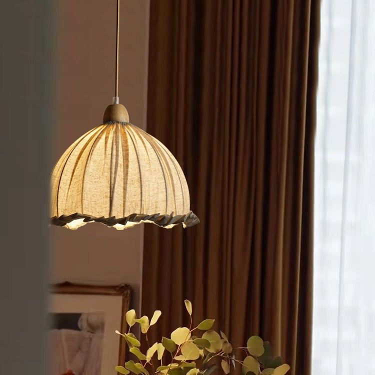 Traditional Vintage Lace Round Semi-circle Rubberwood Linen 1-Light Pendant Light For Bedroom