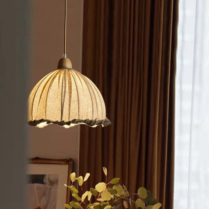 Traditional Vintage Lace Round Semi-circle Rubberwood Linen 1-Light Pendant Light For Bedroom