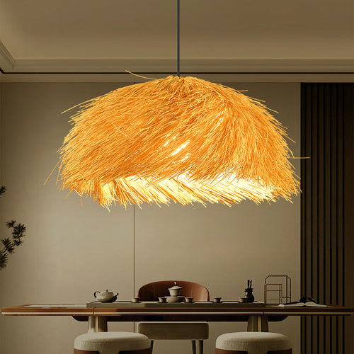 Traditional Japanese Rattan Round Semi-Circle Bamboo 1-Light Pendant Light For Dining Room