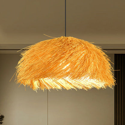 Traditional Japanese Rattan Round Semi-Circle Bamboo 1-Light Pendant Light For Dining Room