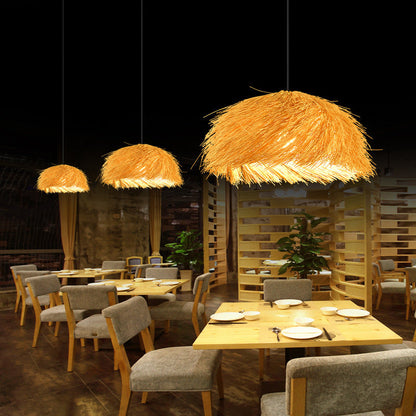 Traditional Japanese Rattan Round Semi-Circle Bamboo 1-Light Pendant Light For Dining Room
