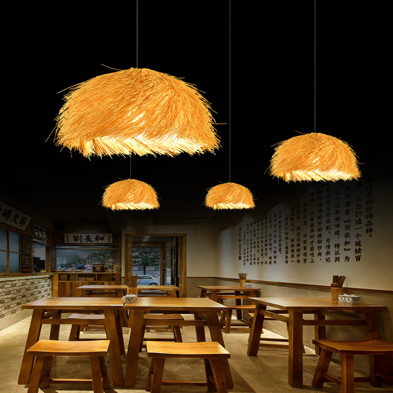 Traditional Japanese Rattan Round Semi-Circle Bamboo 1-Light Pendant Light For Dining Room