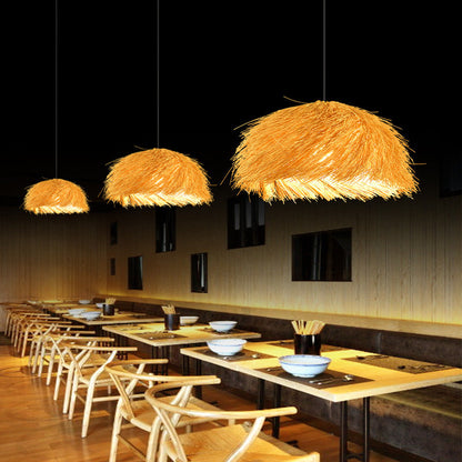 Traditional Japanese Rattan Round Semi-Circle Bamboo 1-Light Pendant Light For Dining Room