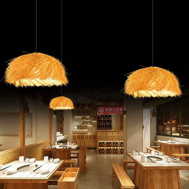 Traditional Japanese Rattan Round Semi-Circle Bamboo 1-Light Pendant Light For Dining Room