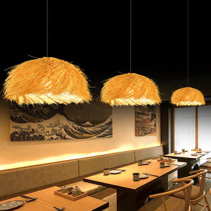Traditional Japanese Rattan Round Semi-Circle Bamboo 1-Light Pendant Light For Dining Room