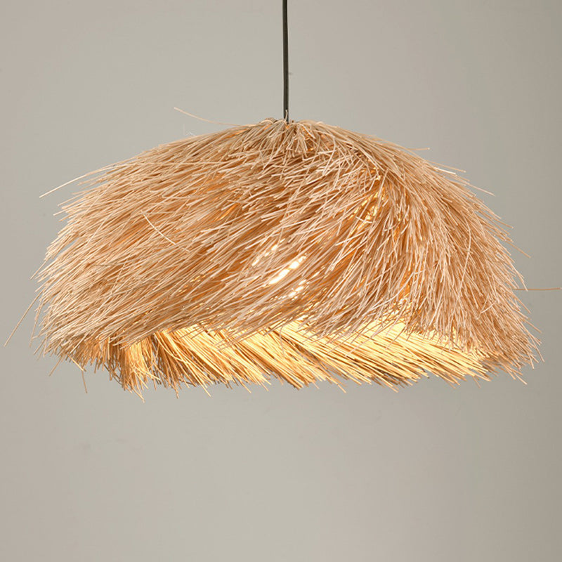 Traditional Japanese Rattan Round Semi-Circle Bamboo 1-Light Pendant Light For Dining Room