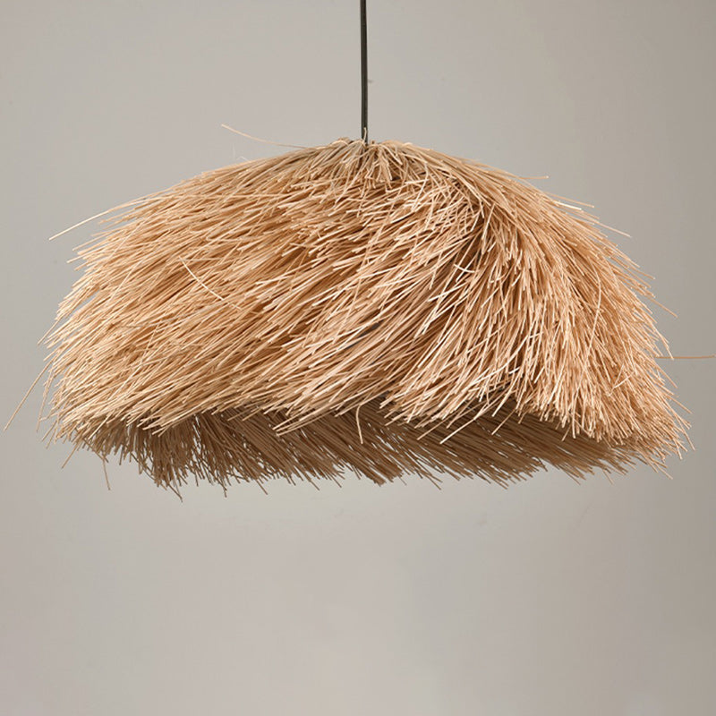 Traditional Japanese Rattan Round Semi-Circle Bamboo 1-Light Pendant Light For Dining Room