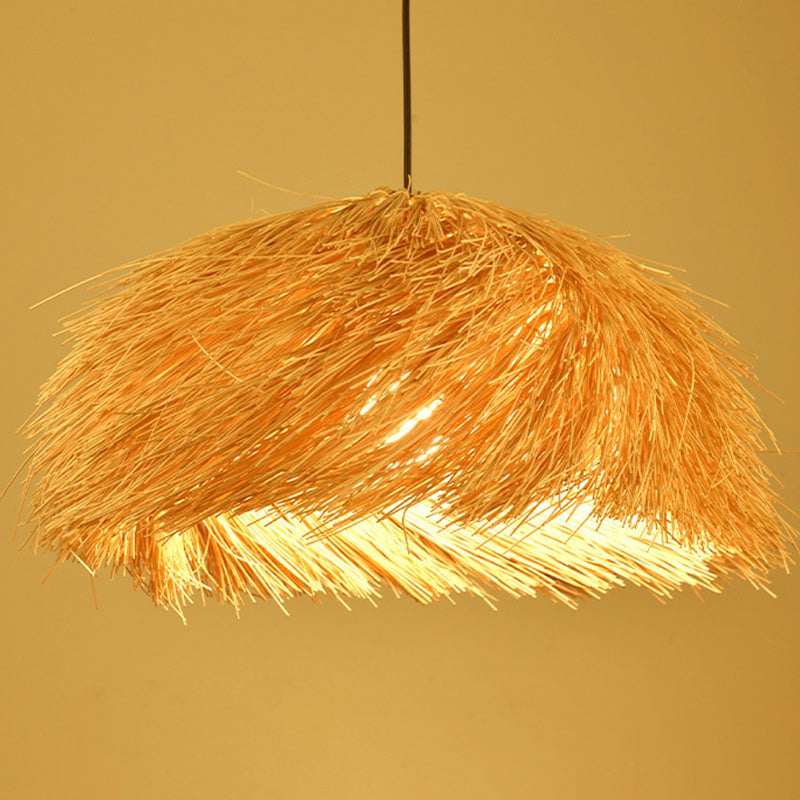 Traditional Japanese Rattan Round Semi-Circle Bamboo 1-Light Pendant Light For Dining Room