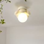 Contemporary Creative Cream Cartoon Flower Round Orb Iron Resin 1-Light Semi-Flush Mount Ceiling Light For Hallway