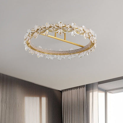 Contemporary Creative Floral Round Circle Iron Crystal LED Semi-Flush Mount Ceiling Light For Bedroom