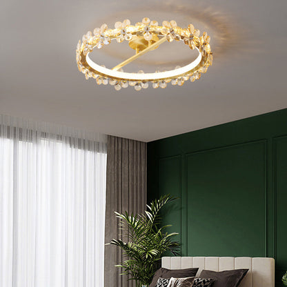 Contemporary Creative Floral Round Circle Iron Crystal LED Semi-Flush Mount Ceiling Light For Bedroom