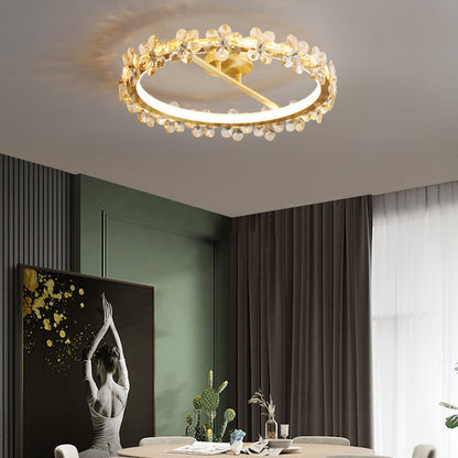 Contemporary Creative Floral Round Circle Iron Crystal LED Semi-Flush Mount Ceiling Light For Bedroom