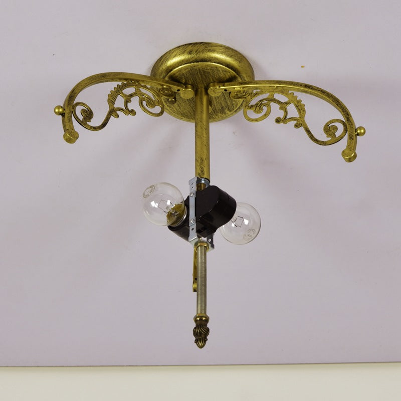 Traditional Tiffany Round Semi-Circle Iron Stained Glass 2-Light Semi-Flush Mount Ceiling Light For Bedroom