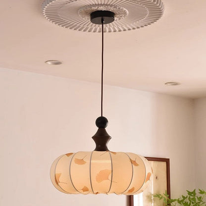 Contemporary Creative Ginkgo Leaf Pumpkin Shape Oval Ash Wood Fabric 3-Light Pendant Light For Dining Room