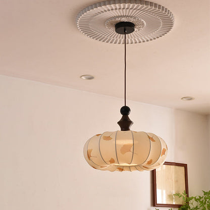 Contemporary Creative Ginkgo Leaf Pumpkin Shape Oval Ash Wood Fabric 3-Light Pendant Light For Dining Room