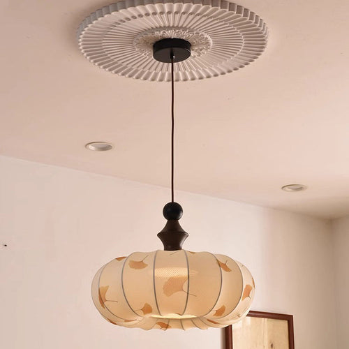 Contemporary Creative Ginkgo Leaf Pumpkin Shape Oval Ash Wood Fabric 3-Light Pendant Light For Dining Room
