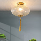 Traditional Chinese Cylinder Oval Copper Glass 1-Light Semi-Flush Mount Ceiling Light For Hallway