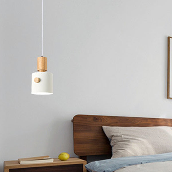 Contemporary Scandinavian Macaron Round Cylinder Iron Solid Wood 1-Light Pendant Light For Bedroom