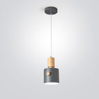 Contemporary Scandinavian Macaron Round Cylinder Iron Solid Wood 1-Light Pendant Light For Bedroom