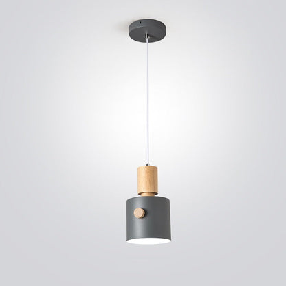 Contemporary Scandinavian Macaron Round Cylinder Iron Solid Wood 1-Light Pendant Light For Bedroom