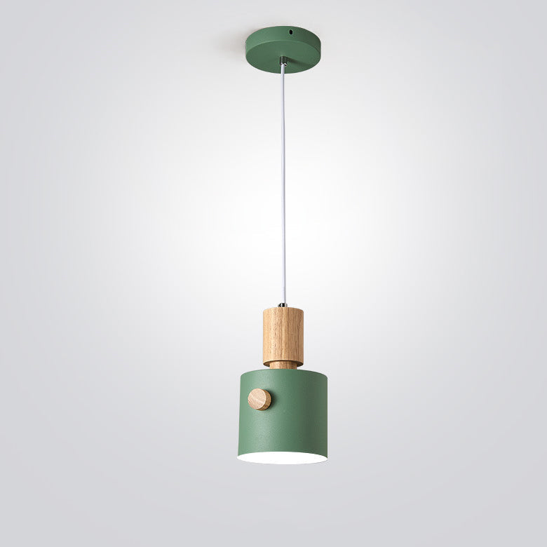 Contemporary Scandinavian Macaron Round Cylinder Iron Solid Wood 1-Light Pendant Light For Bedroom