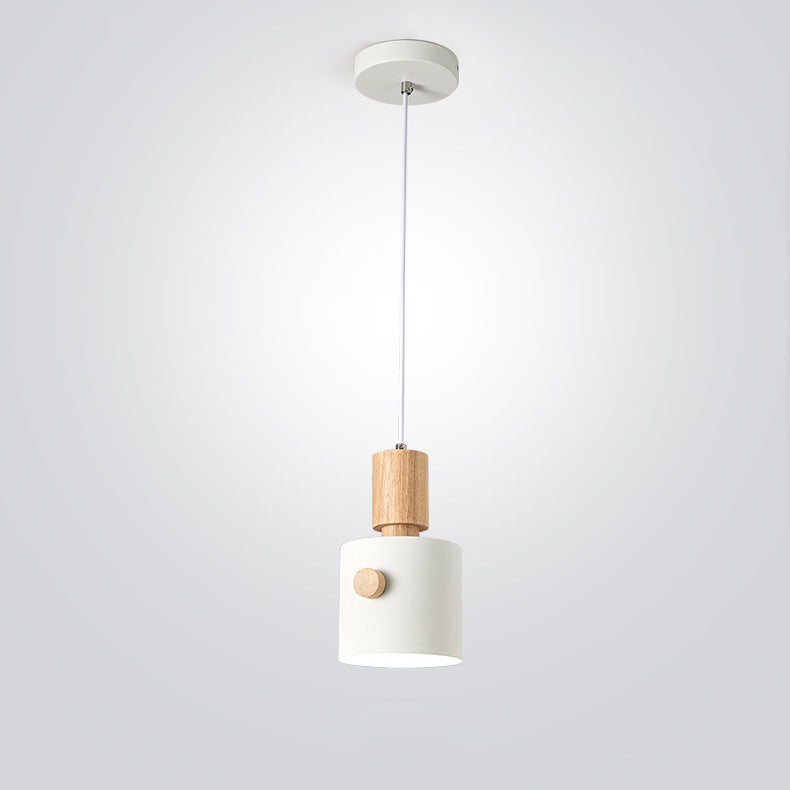 Contemporary Scandinavian Macaron Round Cylinder Iron Solid Wood 1-Light Pendant Light For Bedroom