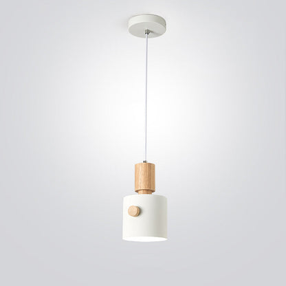 Contemporary Scandinavian Macaron Round Cylinder Iron Solid Wood 1-Light Pendant Light For Bedroom