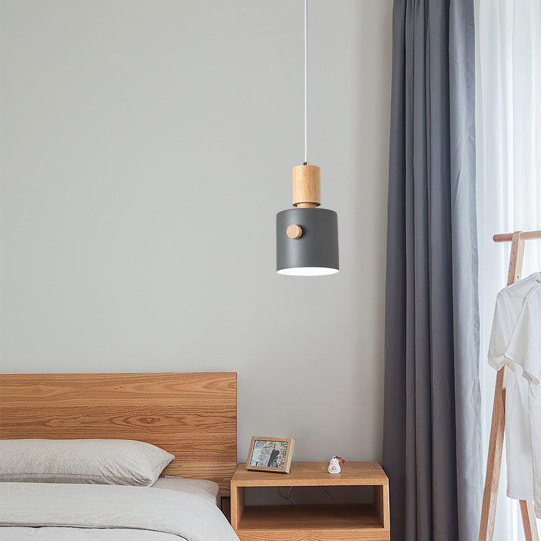 Contemporary Scandinavian Macaron Round Cylinder Iron Solid Wood 1-Light Pendant Light For Bedroom