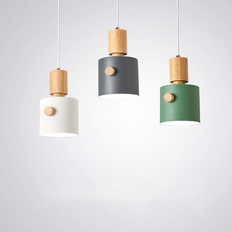 Contemporary Scandinavian Macaron Round Cylinder Iron Solid Wood 1-Light Pendant Light For Bedroom
