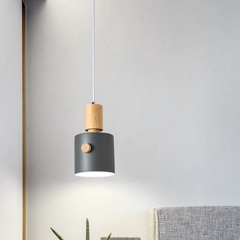 Contemporary Scandinavian Macaron Round Cylinder Iron Solid Wood 1-Light Pendant Light For Bedroom