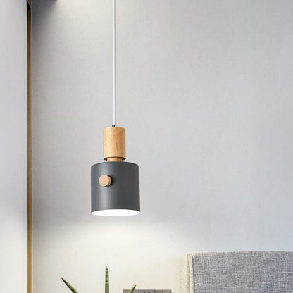 Contemporary Scandinavian Macaron Round Cylinder Iron Solid Wood 1-Light Pendant Light For Bedroom