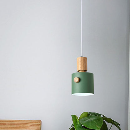 Contemporary Scandinavian Macaron Round Cylinder Iron Solid Wood 1-Light Pendant Light For Bedroom