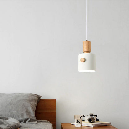 Contemporary Scandinavian Macaron Round Cylinder Iron Solid Wood 1-Light Pendant Light For Bedroom