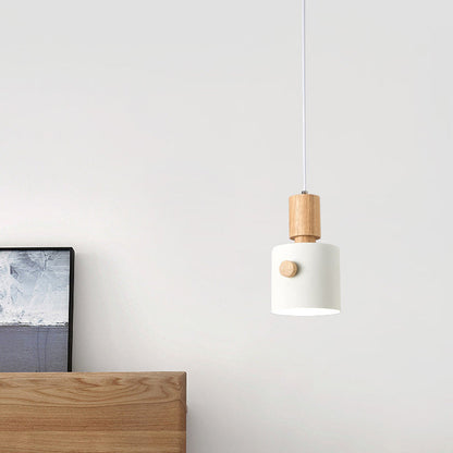 Contemporary Scandinavian Macaron Round Cylinder Iron Solid Wood 1-Light Pendant Light For Bedroom