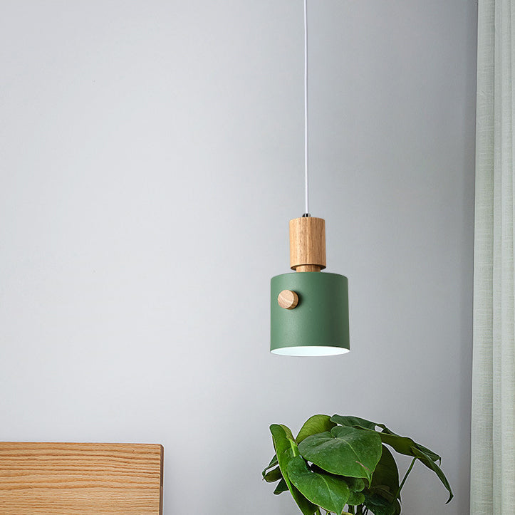 Contemporary Scandinavian Macaron Round Cylinder Iron Solid Wood 1-Light Pendant Light For Bedroom