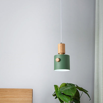 Contemporary Scandinavian Macaron Round Cylinder Iron Solid Wood 1-Light Pendant Light For Bedroom