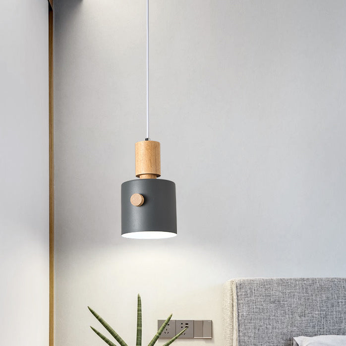 Contemporary Scandinavian Macaron Round Cylinder Iron Solid Wood 1-Light Pendant Light For Bedroom