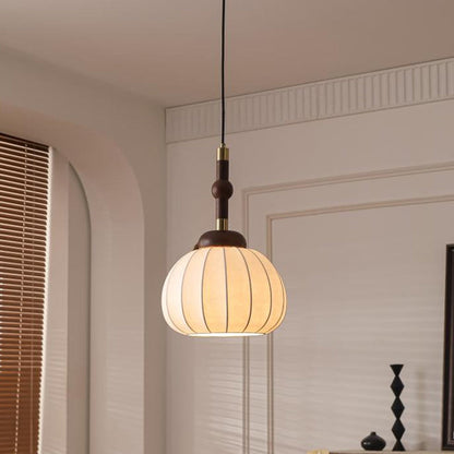 Traditional Vintage Round Oval Ash Wood Silk Aluminum 1-Light Pendant Light For Bedroom
