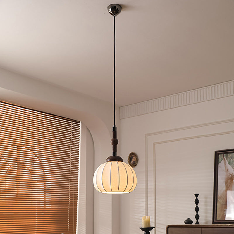 Traditional Vintage Round Oval Ash Wood Silk Aluminum 1-Light Pendant Light For Bedroom