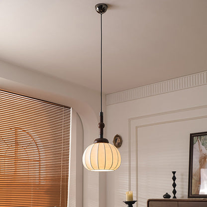 Traditional Vintage Round Oval Ash Wood Silk Aluminum 1-Light Pendant Light For Bedroom