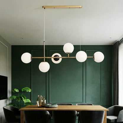Contemporary Scandinavian Linear Round Orb Iron Glass 6-light Island Light Chandelier for Dining Room