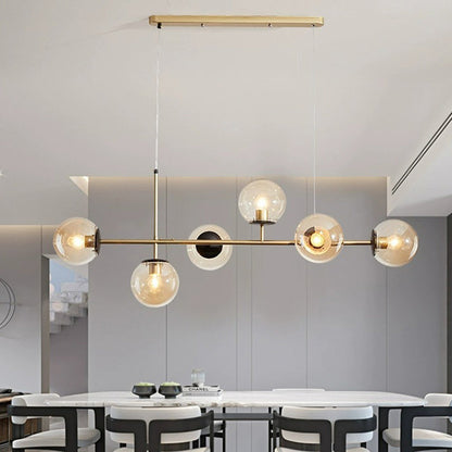 Contemporary Scandinavian Linear Round Orb Iron Glass 6-light Island Light Chandelier for Dining Room
