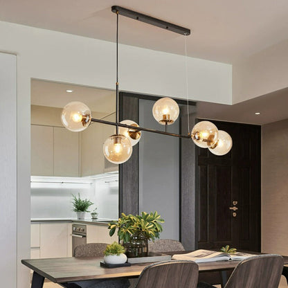 Contemporary Scandinavian Linear Round Orb Iron Glass 6-light Island Light Chandelier for Dining Room