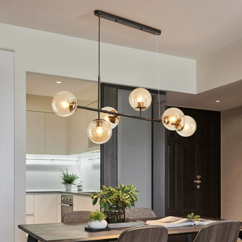 Contemporary Scandinavian Linear Round Orb Iron Glass 6-light Island Light Chandelier for Dining Room BulbSquare