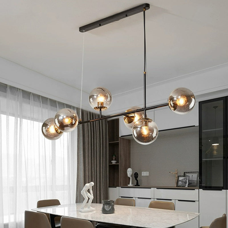Contemporary Scandinavian Linear Round Orb Iron Glass 6-light Island Light Chandelier for Dining Room BulbSquare