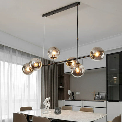 Contemporary Scandinavian Linear Round Orb Iron Glass 6-light Island Light Chandelier for Dining Room