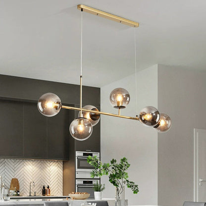 Contemporary Scandinavian Linear Round Orb Iron Glass 6-light Island Light Chandelier for Dining Room